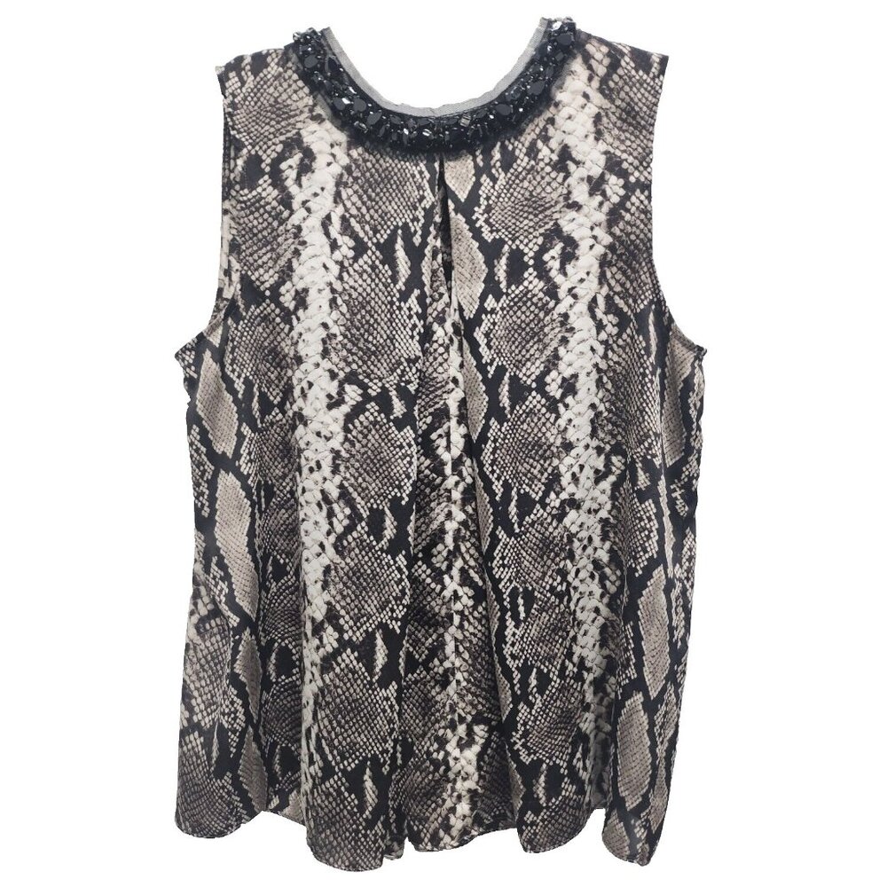 Jones New York Womens Sleeveless Top Size 12 Black Snakeskin Beaded Neck Carrier